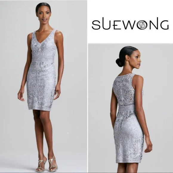 Sue Wong Sheath Cocktail Dress - Beautiful Soutache Appliqu in Silver -  Size 2